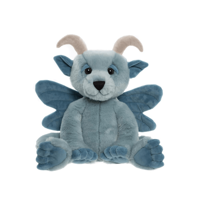 Front view of Drawbridge Bearhouse by Charlie Bears plush gargoyle in sky-blue with soft wings, curled horns and a gentle expression