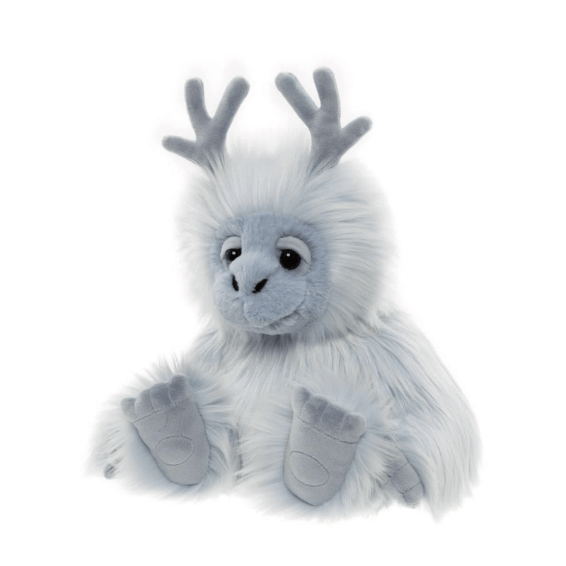 Charlie Bears Bearhouse Oomph blue yeti plush soft toy 25cm with white-tipped fur, antler-like horns and oversized paws