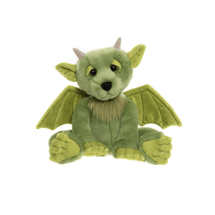Front view of Charlie Bears Bearhouse Spires green plush dragon soft toy