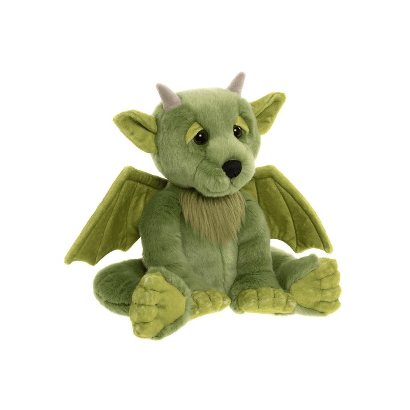 Angled view of Charlie Bears Bearhouse Spires plush dragon with wings and horns