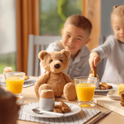 Charlie Bear brown plush teddy joining children at the breakfast table