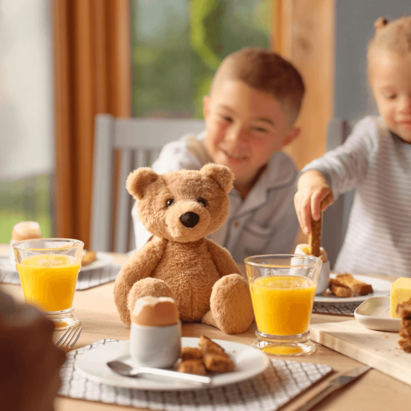 Charlie Bear brown plush teddy joining children at the breakfast table