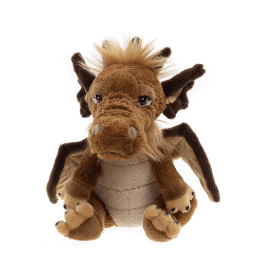 Front view of Lantern, a Charlie Bears Cuddle Cubs dragon plush with soft brown fur, little horns, wings and a cuddly design