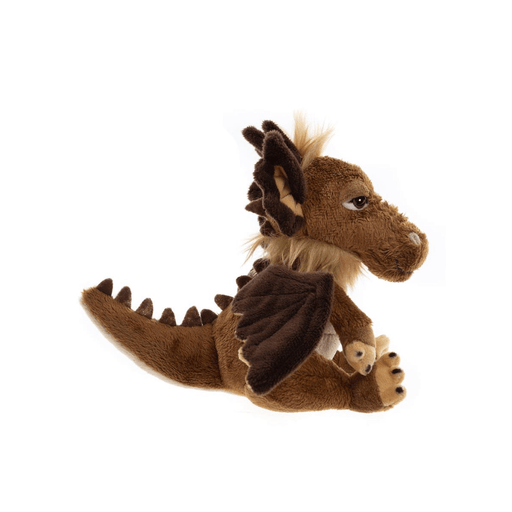 Side view of Lantern, a Charlie Bears Cuddle Cubs dragon plush in warm brown with soft wings, horns and a long tail