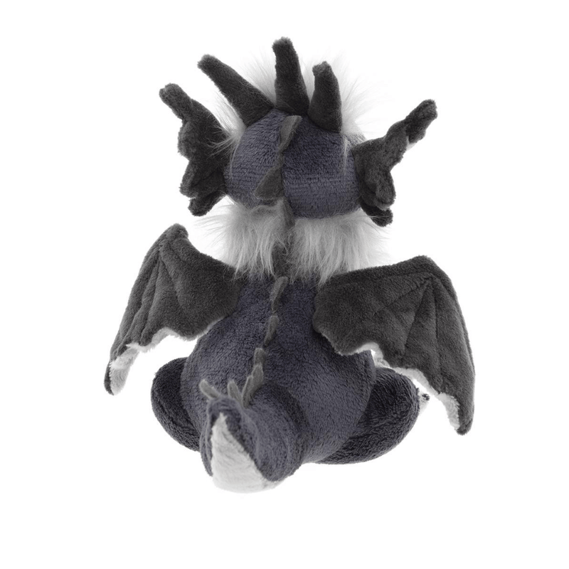Back view of Soot Charlie Bears Cuddle Cubs dragon soft toy showing wings, back spikes and fluffy mane