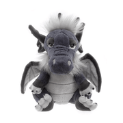 Front view of Soot Charlie Bears Cuddle Cubs dragon soft toy with grey plush, wings and fluffy mane