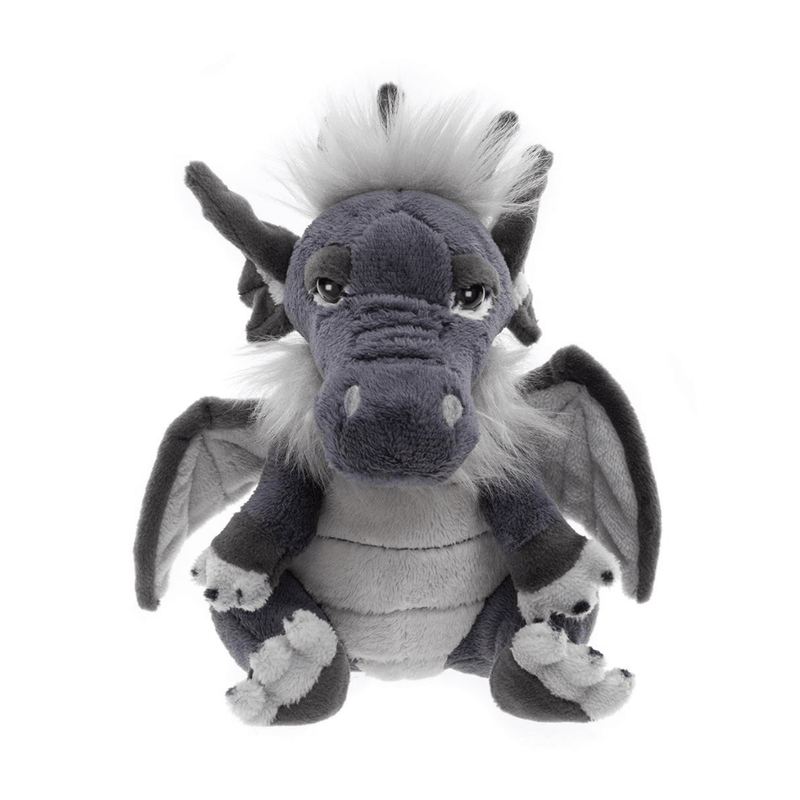 Front view of Soot Charlie Bears Cuddle Cubs dragon soft toy with grey plush, wings and fluffy mane