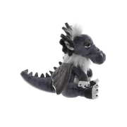 Side view of Soot Charlie Bears Cuddle Cubs dragon soft toy showing wings, tail spikes and fluffy crest