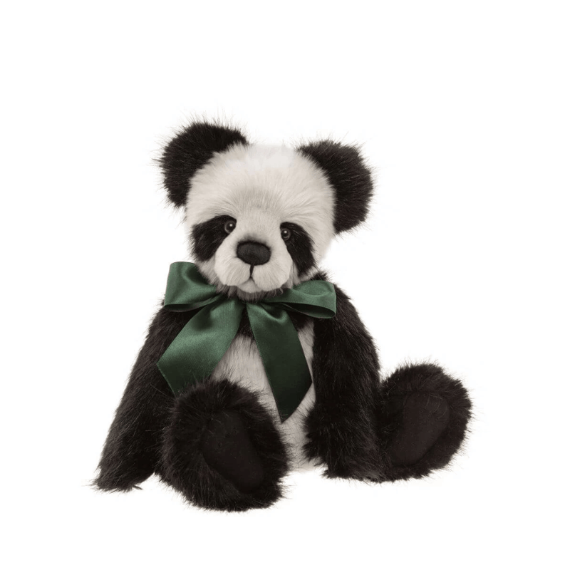 Charlie Bears Davidson 38cm panda plush soft toy with black and off-white fur, embroidered nose and green satin bow