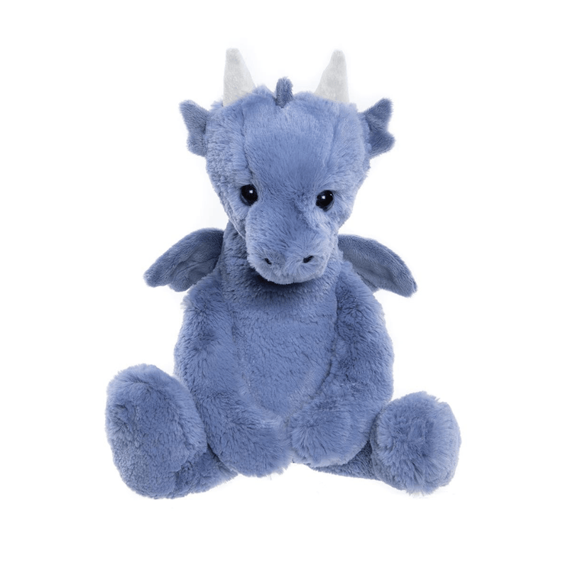 Charlie Bears Draco Dragon denim blue plush shown from the front