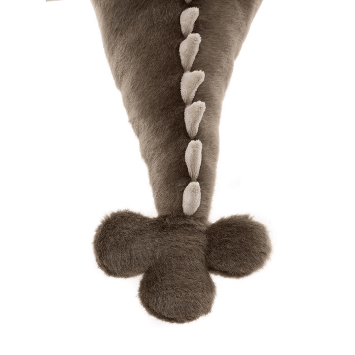 Close-up of Clubs brown dragon luxury plush from Bearhouse by Charlie Bears 2025, showing tail stitching and soft feet