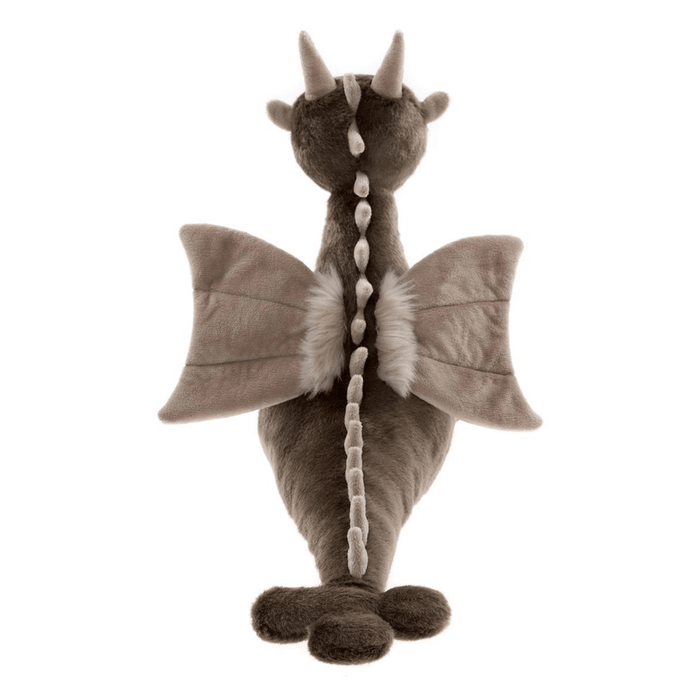 Back view of Clubs brown dragon plush from Bearhouse by Charlie Bears 2025, showing wings and stitched spine