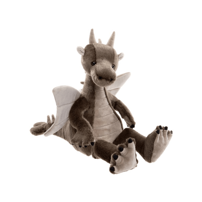 Clubs brown dragon plush from Bearhouse by Charlie Bears 2025, seated on a white background with soft wings and small horns