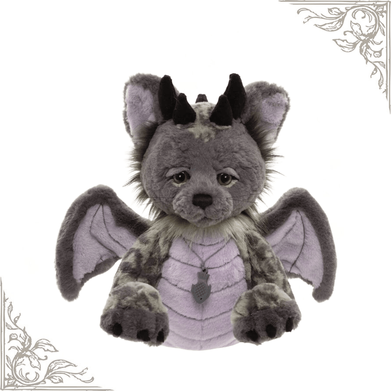 Eragon from the Charlie Bears Signature Collection, showing his feline face, grey wings and lavender detailing