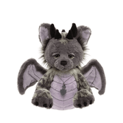 Charlie Bears Eragon 29cm Tatzelwurm plush with grey fur, lavender chest, dark horns, wings and fish necklace