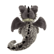 Rear view of Charlie Bears Eragon Tatzelwurm showing his grey patterned body, dark back spikes, wings and curled tail
