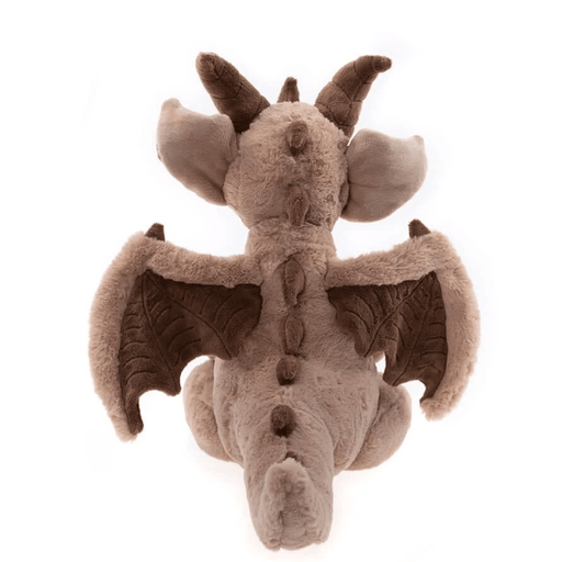 Rear view of Charlie Bears Feldspar gargoyle showing chocolate-brown wings, back spikes and plush tail