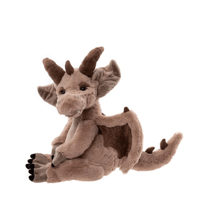 Charlie Bears Feldspar gargoyle plush soft toy in almond brown with chocolate-brown horns and wings, front view