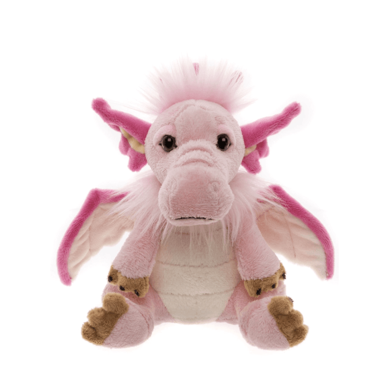 Front view of Charlie Bears Festoon dragon plush soft toy from Cuddle Cubs in pink with fluffy white mane and wings