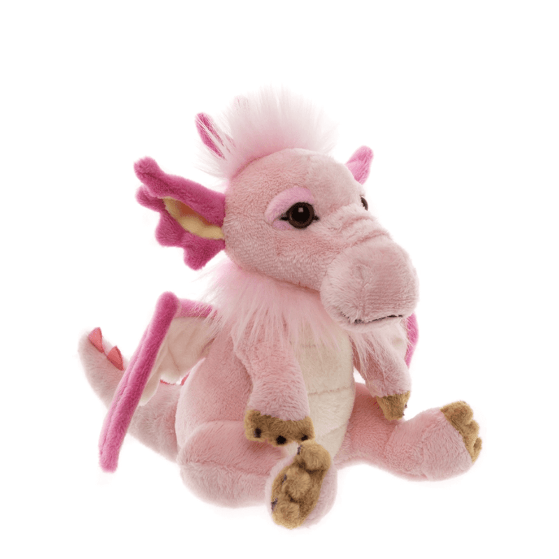 Side view of Charlie Bears Festoon dragon plush soft toy from Cuddle Cubs showing pink wings, tail and fluffy white mane