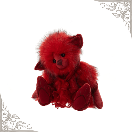 Fire Elf from the Charlie Bears Plush Collection showing his bright red fur, sculpted paws and embroidered nose