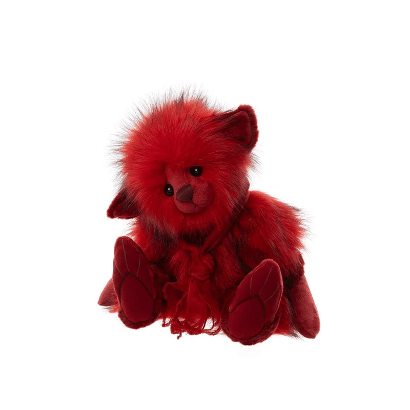 Charlie Bears Fire Elf 43cm red plush soft toy with black-tipped fur, pointed ears and matching red neckerchief