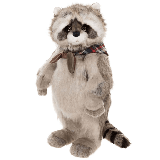 Charlie Bears Inspector Rummage 76cm raccoon plush soft toy with grey fur, checked neckerchief and ringed tail
