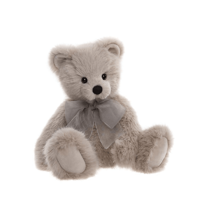 Charlie Bears Jelly Bean plush teddy bear in light grey fur with grey organza bow, front sitting view