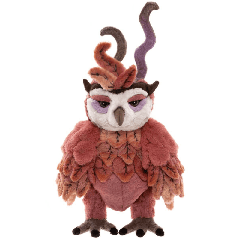 Charlie Bears Jinzi 33cm phoenix plush with red and coral feathers, curled head plumes and purple eye markings