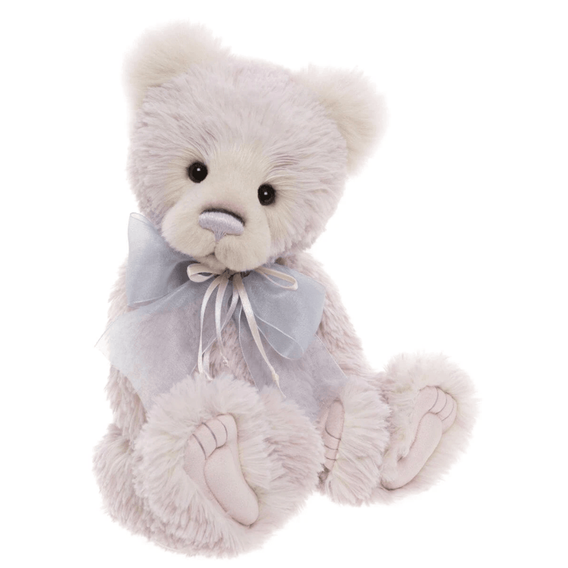 Charlie Bears Maisie-Belle 38cm collectable teddy bear with soft blush-lilac fur, lavender-grey bow and sculpted paw pads