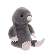 Charlie Bears Mula Mole grey plush soft toy side view showing its pink paws