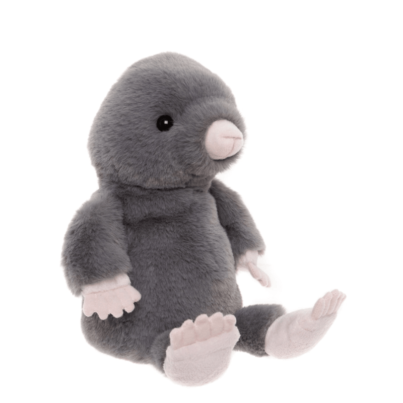 Charlie Bears Mula Mole grey plush soft toy side view showing its pink paws
