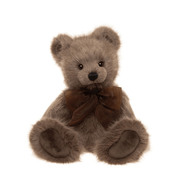 Charlie Bears Oak plush teddy bear in soft brown fur with dark brown organza bow, front sitting view