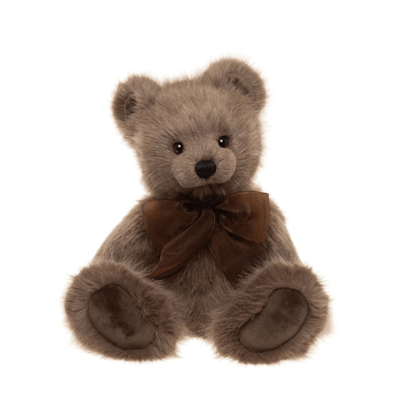 Charlie Bears Oak plush teddy bear in soft brown fur with dark brown organza bow, front sitting view