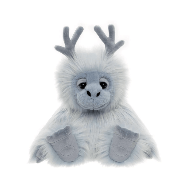 Front view of Charlie Bears Oomph 25cm blue yeti plush showing his sweet expression, soft white fur and large paws