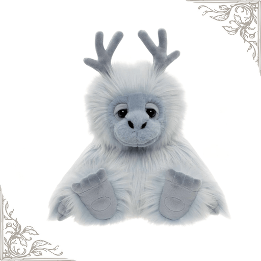 Oomph blue yeti from the 2026 Bearhouse by Charlie Bears collection, showing his fluffy coat and grey antler-like horns