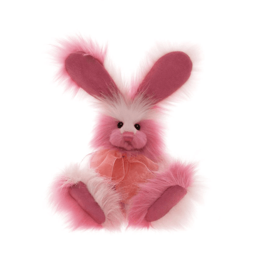 Charlie Bears Pinkerton 25cm pink bunny plush soft toy with oversized ears, fluffy pink and cream fur and sheer pink bow