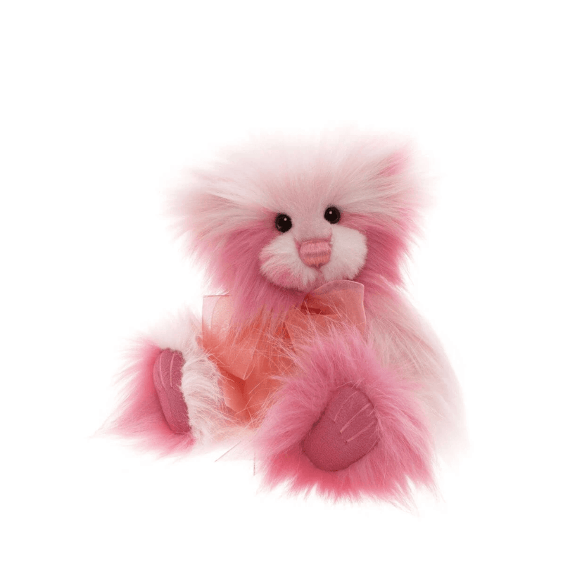 Charlie Bears Pinkleberry 25cm pink teddy bear with fluffy pink and cream fur, embroidered nose and sheer pink bow