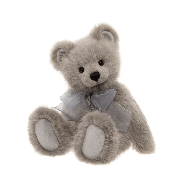 Charlie Bears Silver Birch plush teddy bear with grey organza bow, angled sitting pose
