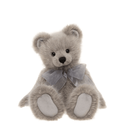 Charlie Bears Silver Birch plush teddy bear in soft light grey fur with grey organza bow, front sitting view
