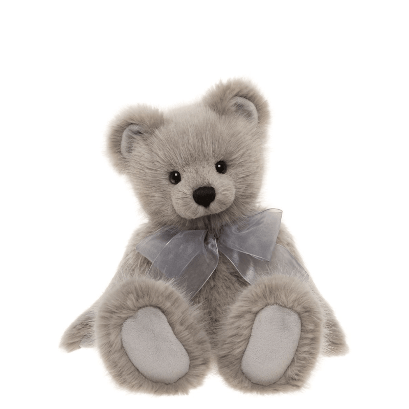 Charlie Bears Silver Birch plush teddy bear in soft light grey fur with grey organza bow, front sitting view