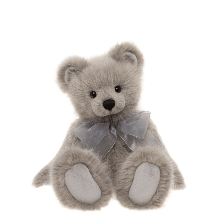 Charlie Bears Silver Birch plush teddy bear in soft light grey fur with grey organza bow, front sitting view