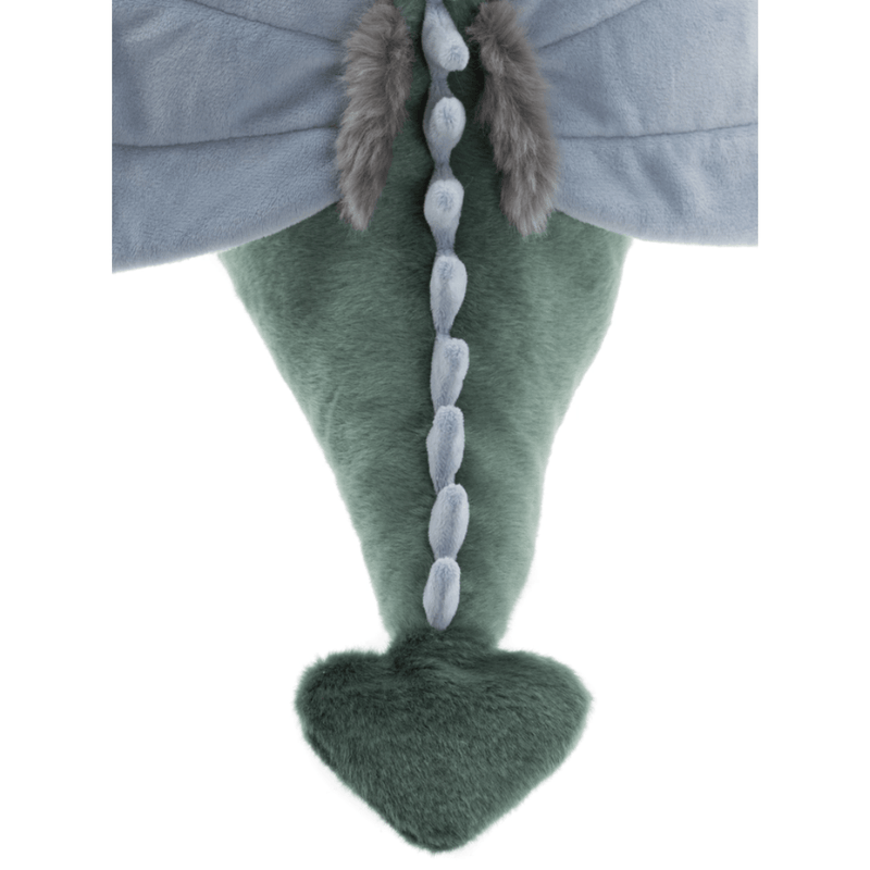 Close-up of the spine ridges, fluffy accents and tail on a green dragon plush