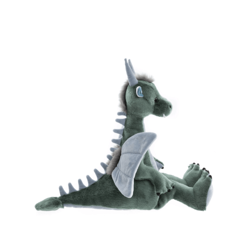 Charlie Bears Spades green dragon soft toy side view showing its wings and tail
