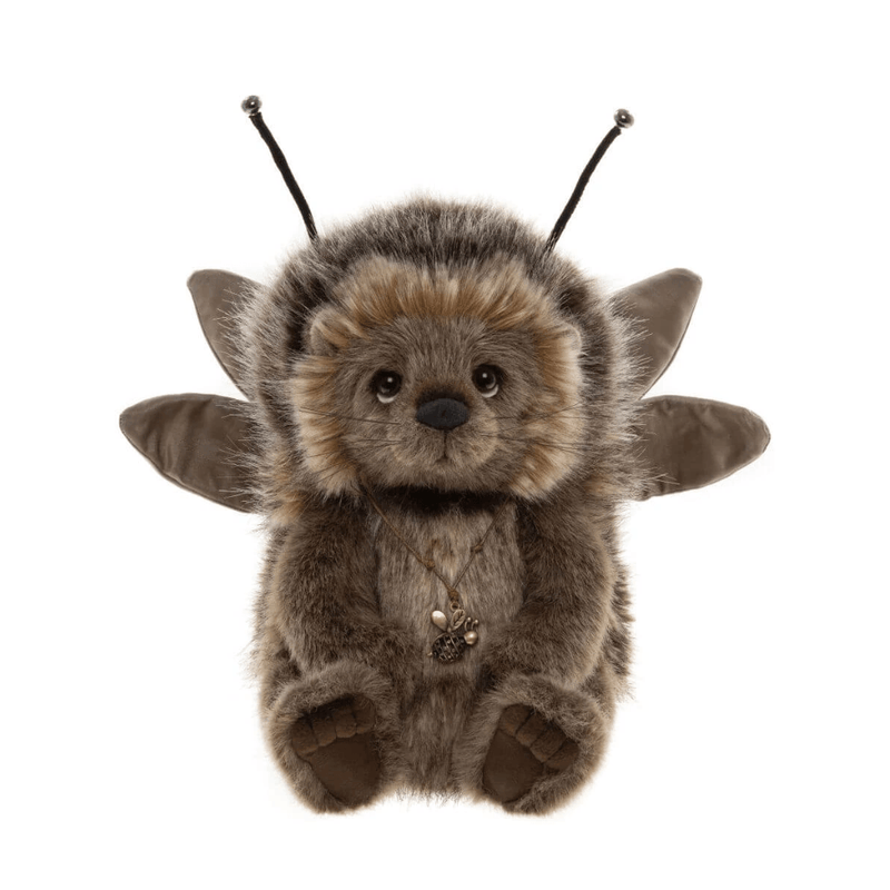 Charlie Bears Tizzie Whizie 30cm mythical plush with brown fur, bee-style wings, antennae and decorative necklace
