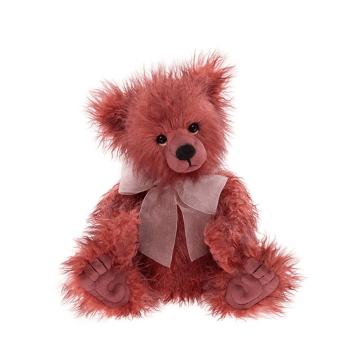 Charlie Bears Toddle 32cm red teddy bear with fluffy long-pile fur, sculpted paws, black embroidered nose and sheer pink bow