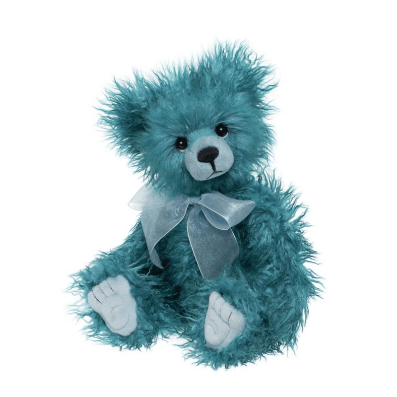 Charlie Bears Whizz 32cm turquoise teddy bear with fluffy long-pile fur, pale blue sculpted paws, embroidered nose and light blue bow