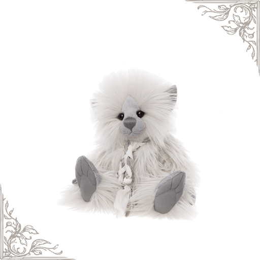 Wind Elf from the Charlie Bears Plush Collection showing her cloud-like white fur, sculpted grey paws and embroidered nose