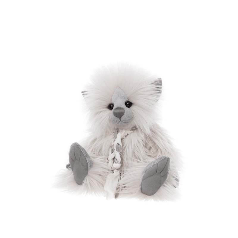 Charlie Bears Wind Elf 34cm plush soft toy with fluffy white and grey fur, pointed ears and elegant neckerchief