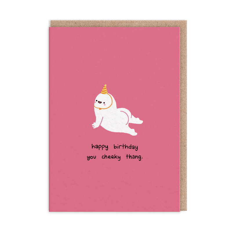 Minimal cheeky birthday greeting card showing cartoon person lounging in party hat on bold pink background

